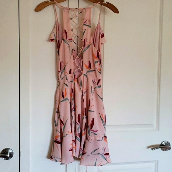 Bobbi Rocco Pink Floral Mini Dress with Lace-up Back and Wrap Front Size Small - Picture 3 of 6